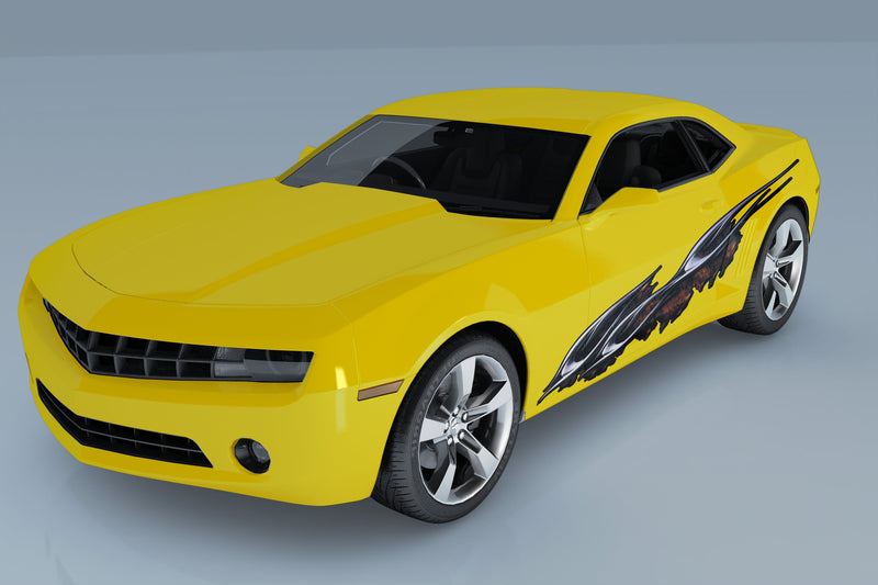 flaming spear decal on yellow camaro